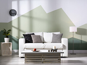Neutral_Green_Mountain_Feature_Wall_White_Couch_Lamp_Plant_White_Timber_Floor_Palette_Table
